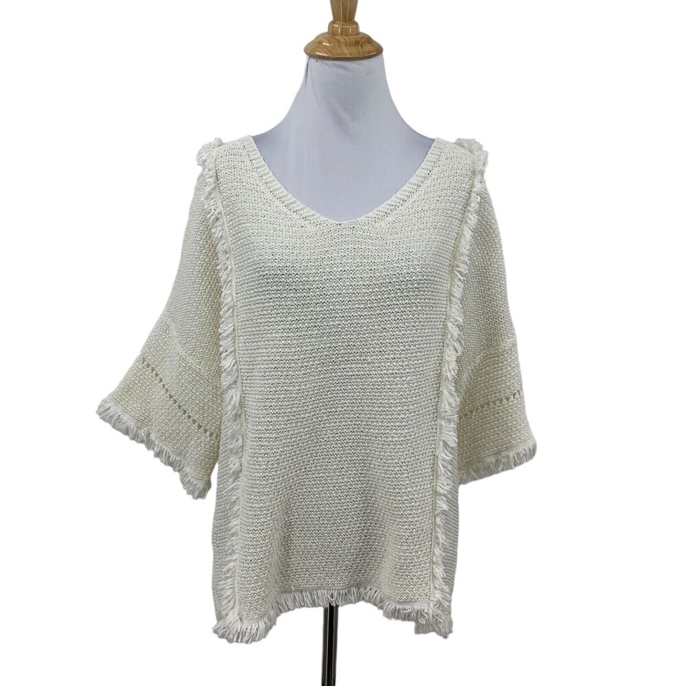 Lou & Grey Textured Weave Fringe Shirt Womens M Medium Cream Boho Mid Sleeve Top
